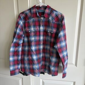 Wrangler Blue, Red & White Plaid Western Pearl Snap Shirt Size L